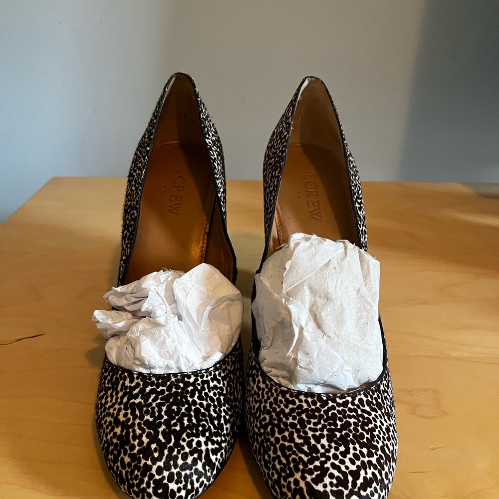 J. Crew Olive Calf Hair Animal Print Heels